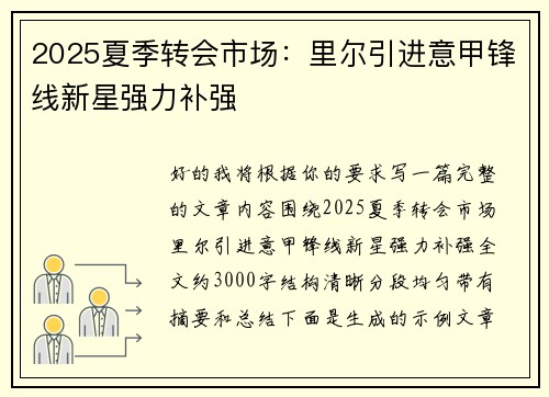 2025夏季转会市场：里尔引进意甲锋线新星强力补强