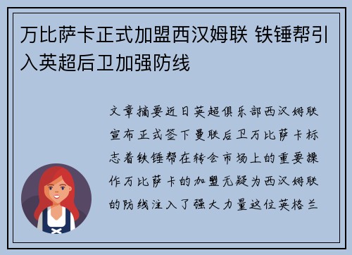 万比萨卡正式加盟西汉姆联 铁锤帮引入英超后卫加强防线 万比萨卡正式加盟西汉姆联 铁锤帮引入英超后卫加强防线